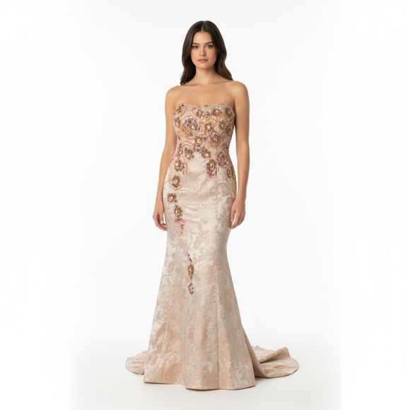 Terani Women’s Gown Champagne Gold Strapless Beaded Sweetheart Neckline size 18 - Picture 1 of 11